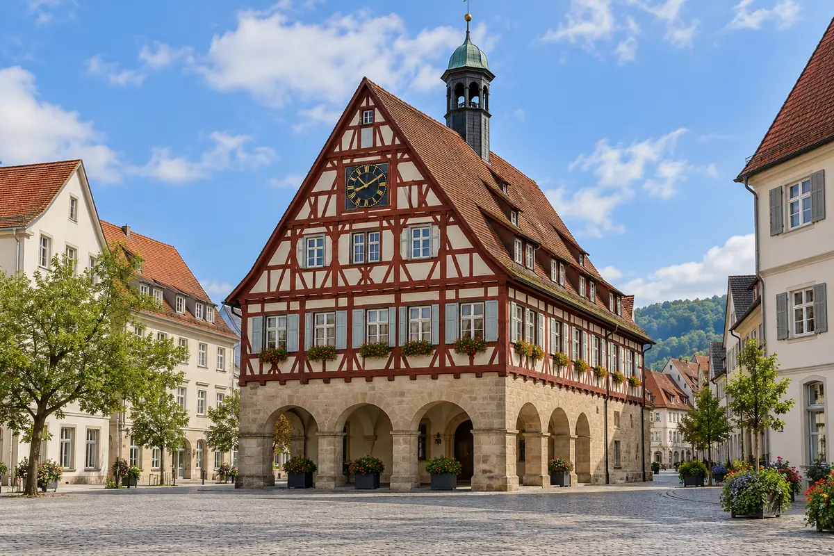 KI-Illustration: Altes Rathaus am Marktplatz in Aalen (Ostalbkreis).