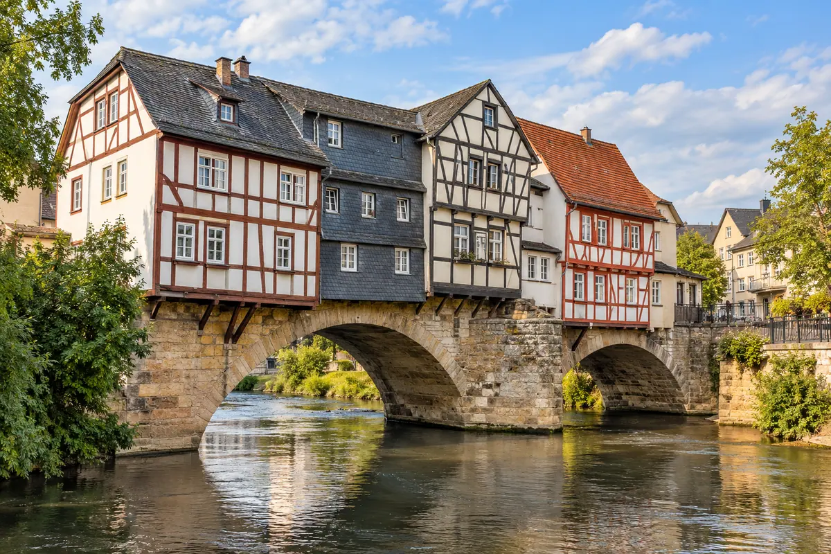 KI-Illustration: Brückenhäuser an der Alten Nahebrücke in Bad Kreuznach (Landkreis Bad Kreuznach).