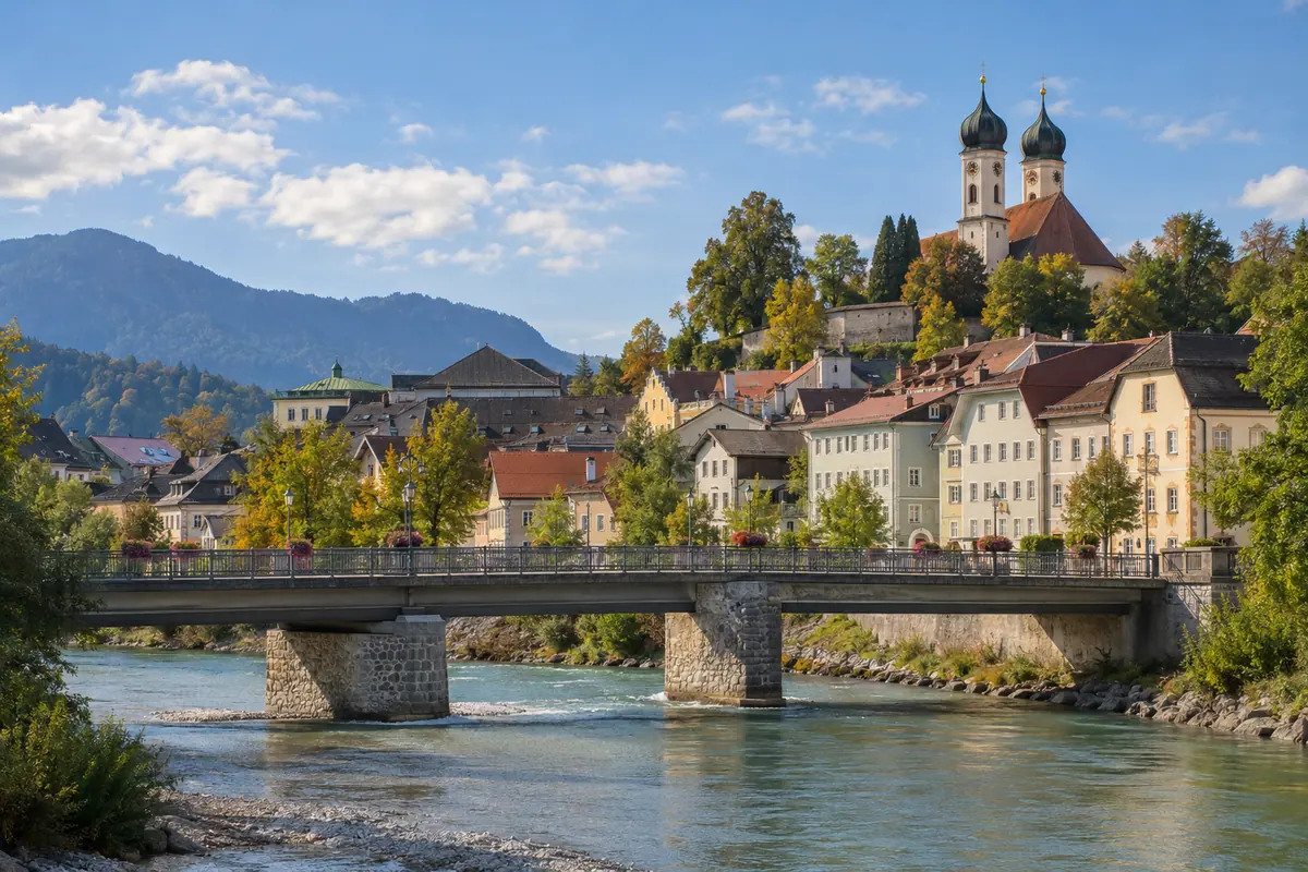 KI-Illustration: Isarbrücke und Kalvarienberg in Bad Tölz (Landkreis Bad Tölz-Wolfratshausen).
