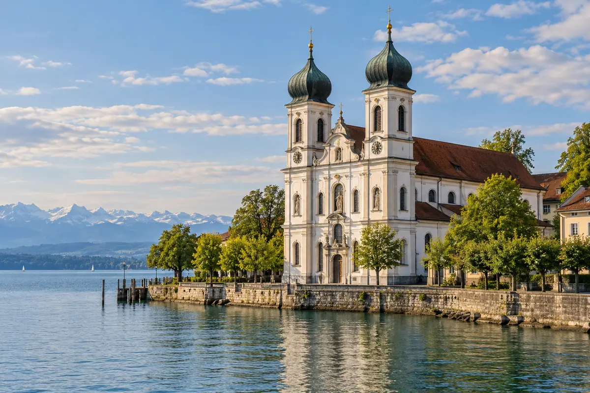 KI-Illustration: Schlosskirche am Bodensee in Friedrichshafen (Bodenseekreis).