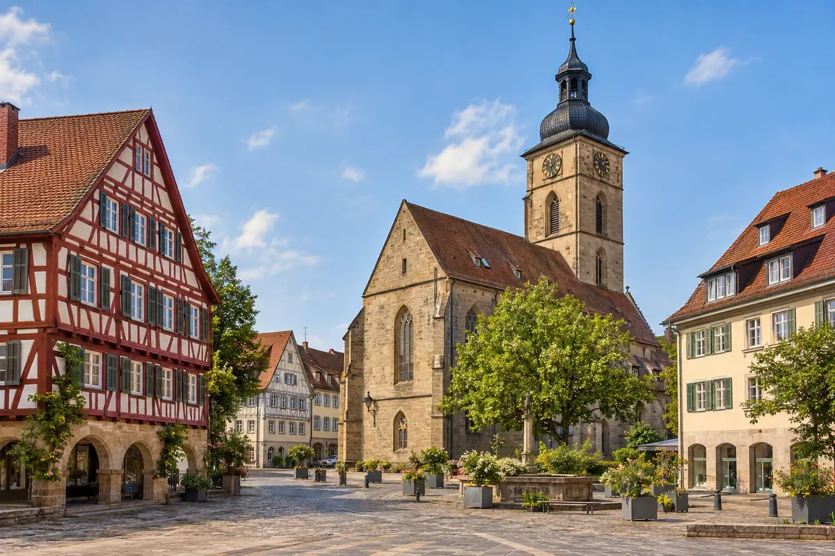 KI-Illustration: Marktplatz und Stadtkirche in Böblingen (Landkreis Böblingen).