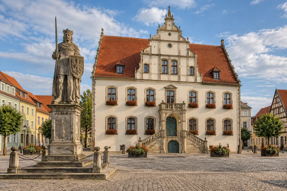 KI-Illustration: Roland und Rathaus in Burg bei Magdeburg (Landkreis Jerichower Land).
