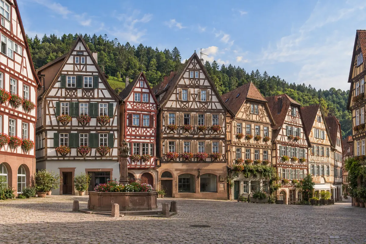 KI-Illustration: Marktplatz mit Fachwerkhäusern in Calw (Landkreis Calw).