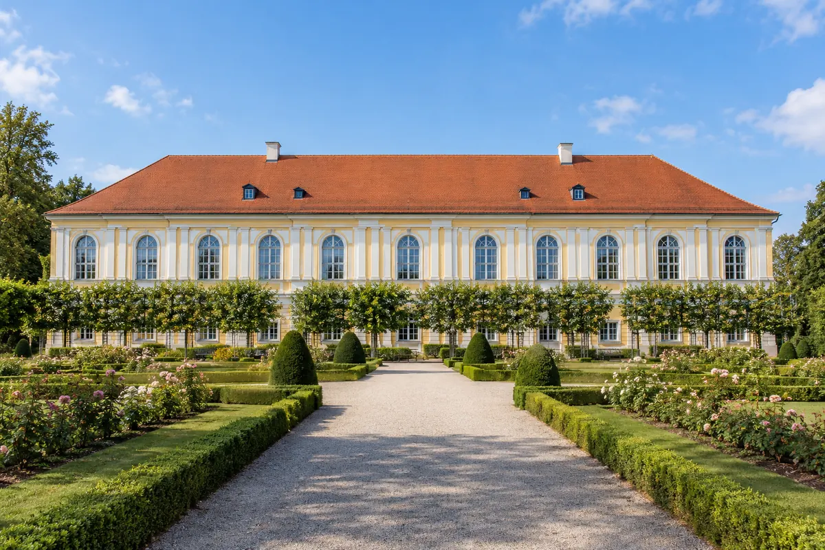 KI-Illustration: Schloss Dachau mit Hofgarten.