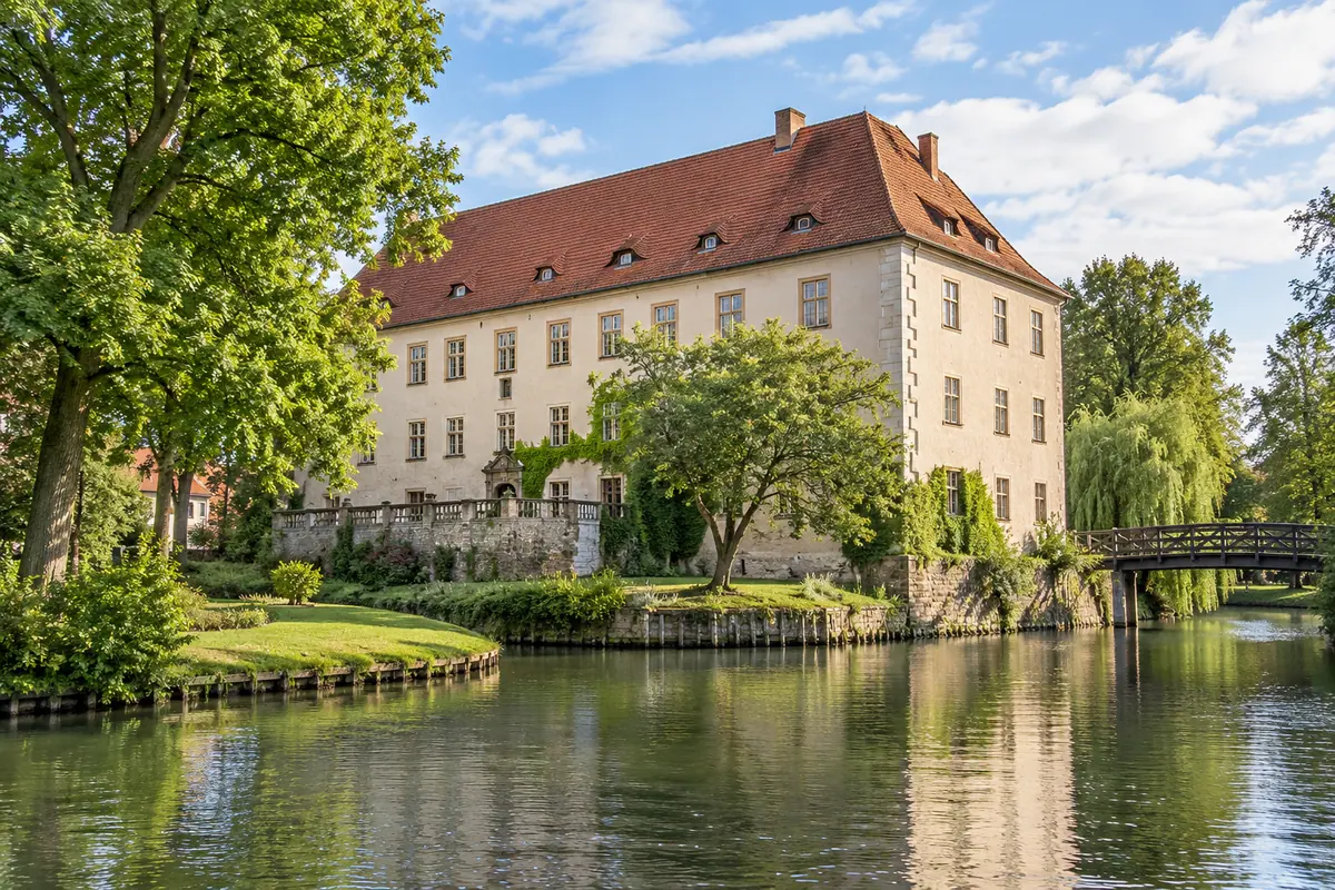KI-Illustration: Schloss Lübben auf der Schlossinsel im Spreewald (Landkreis Dahme-Spreewald).