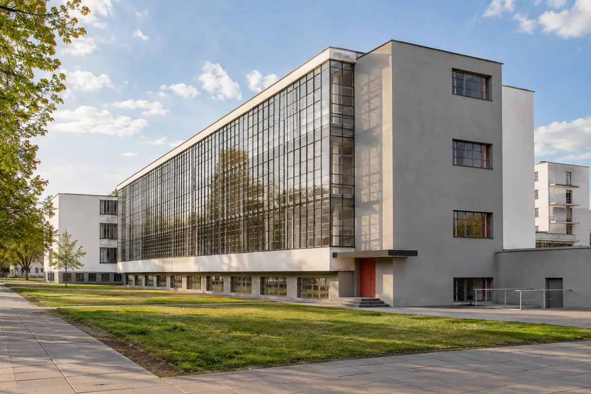 KI-Illustration: Bauhausgebäude in Dessau-Roßlau.