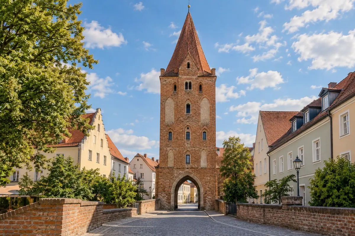 KI-Illustration: Schöner Turm in Erding (Landkreis Erding).
