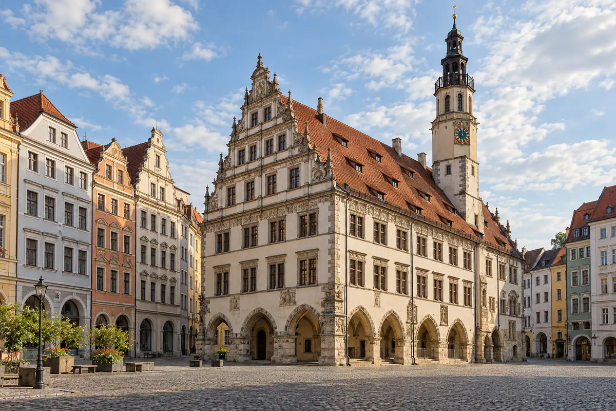 KI-Illustration: Untermarkt mit Altem Rathaus in Görlitz (Landkreis Görlitz).