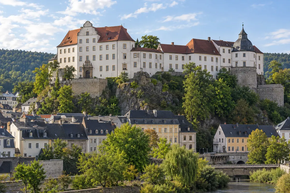 KI-Illustration: Oberes Schloss in Greiz (Landkreis Greiz).