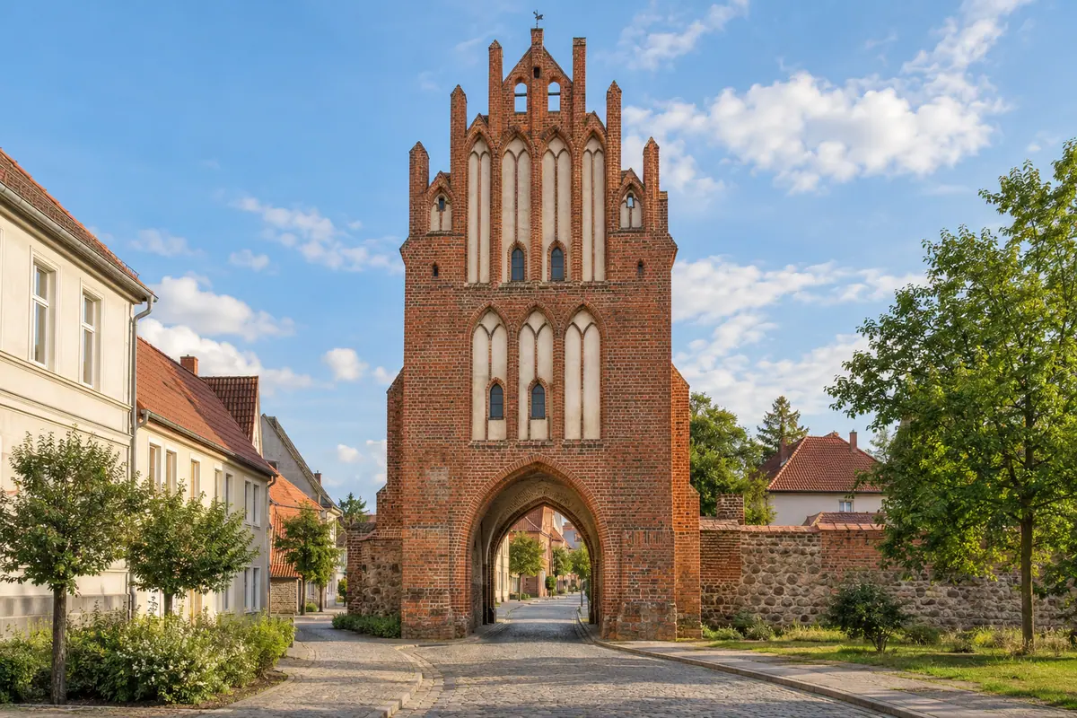 KI-Illustration: Stralsunder Tor in Grimmen (Landkreis Vorpommern-Rügen).