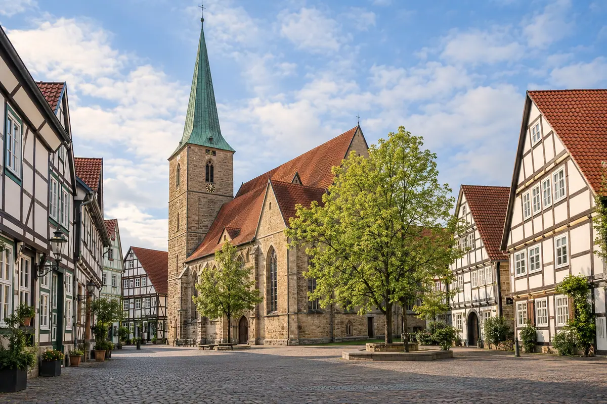 KI-Illustration: Kirchplatz in Gütersloh (Kreis Gütersloh).