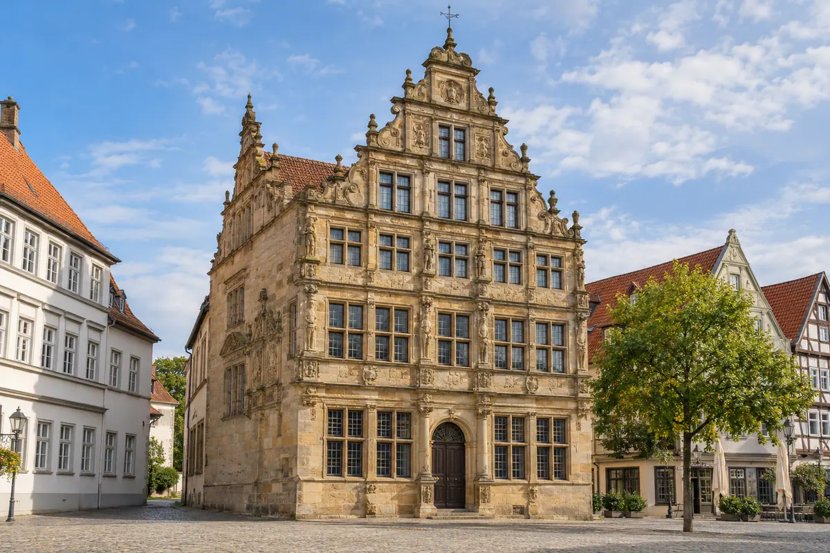 KI-Illustration: Pied Piper House in Hameln (Landkreis Hameln-Pyrmont).