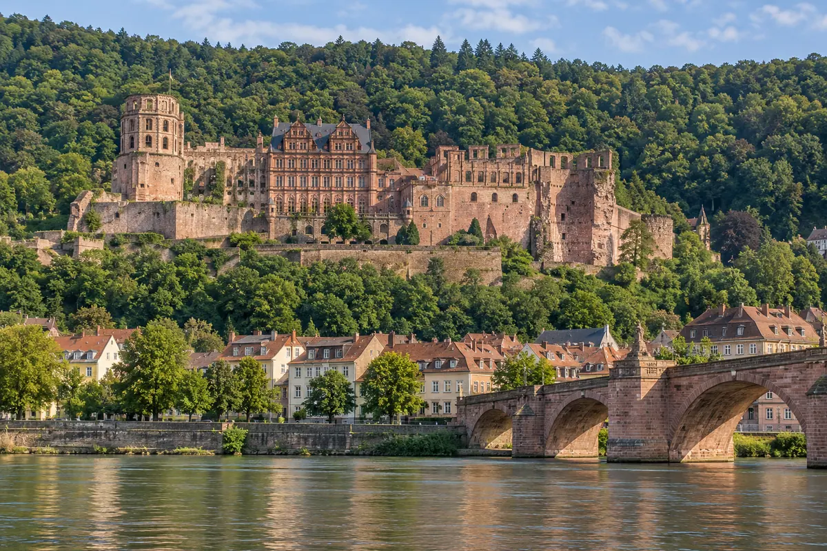 KI-Illustration: Heidelberger Schloss über dem Neckar.