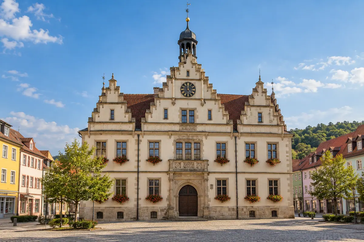 KI-Illustration: Historisches Rathaus in Hildburghausen (Landkreis Hildburghausen).