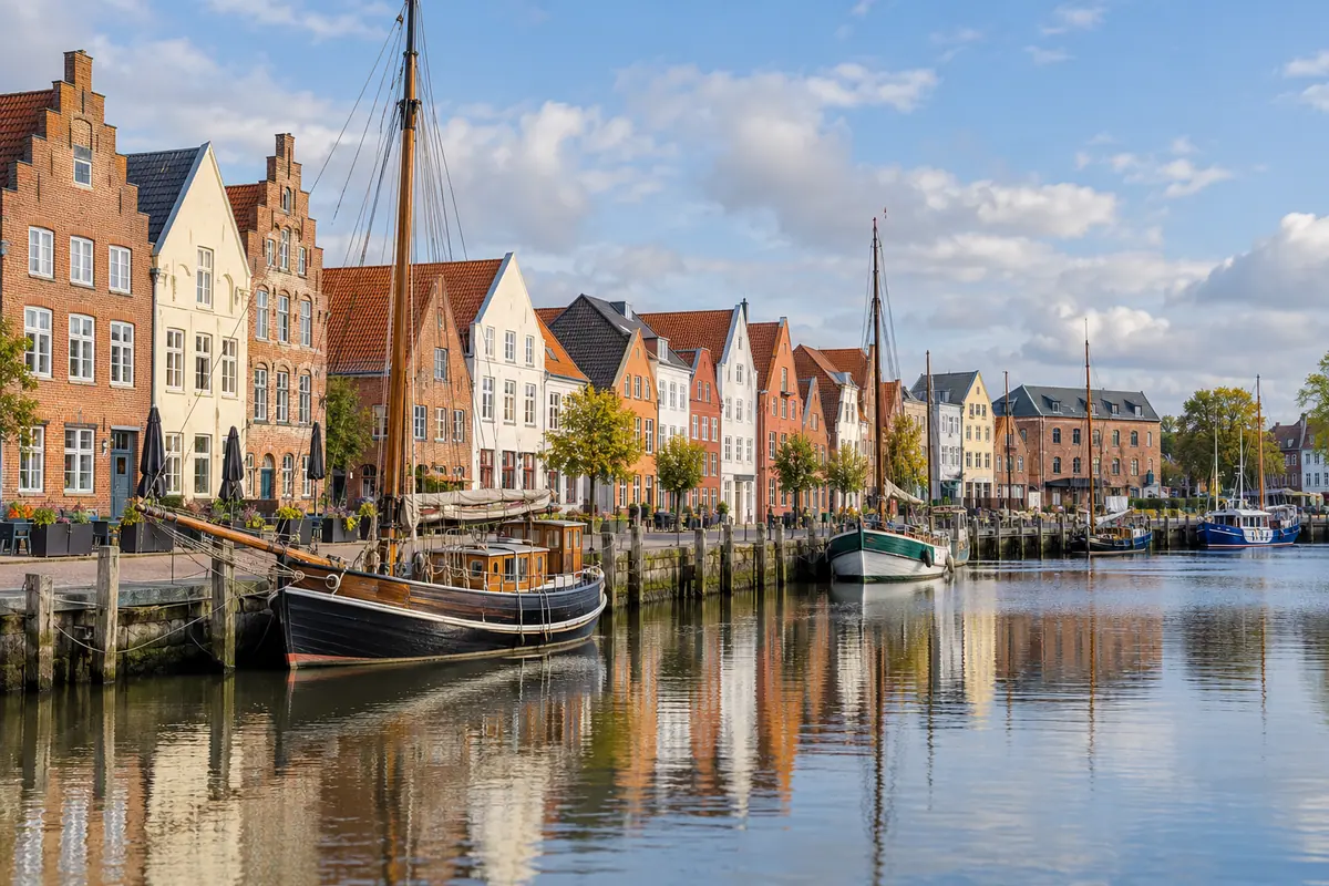 KI-Illustration: Husumer Binnenhafen in Husum (Kreis Nordfriesland).
