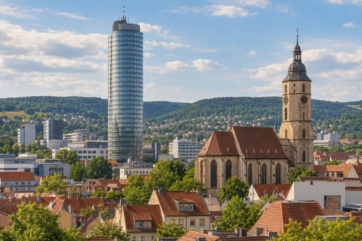 JenTower und Stadtkirche St. Michael in Jena.