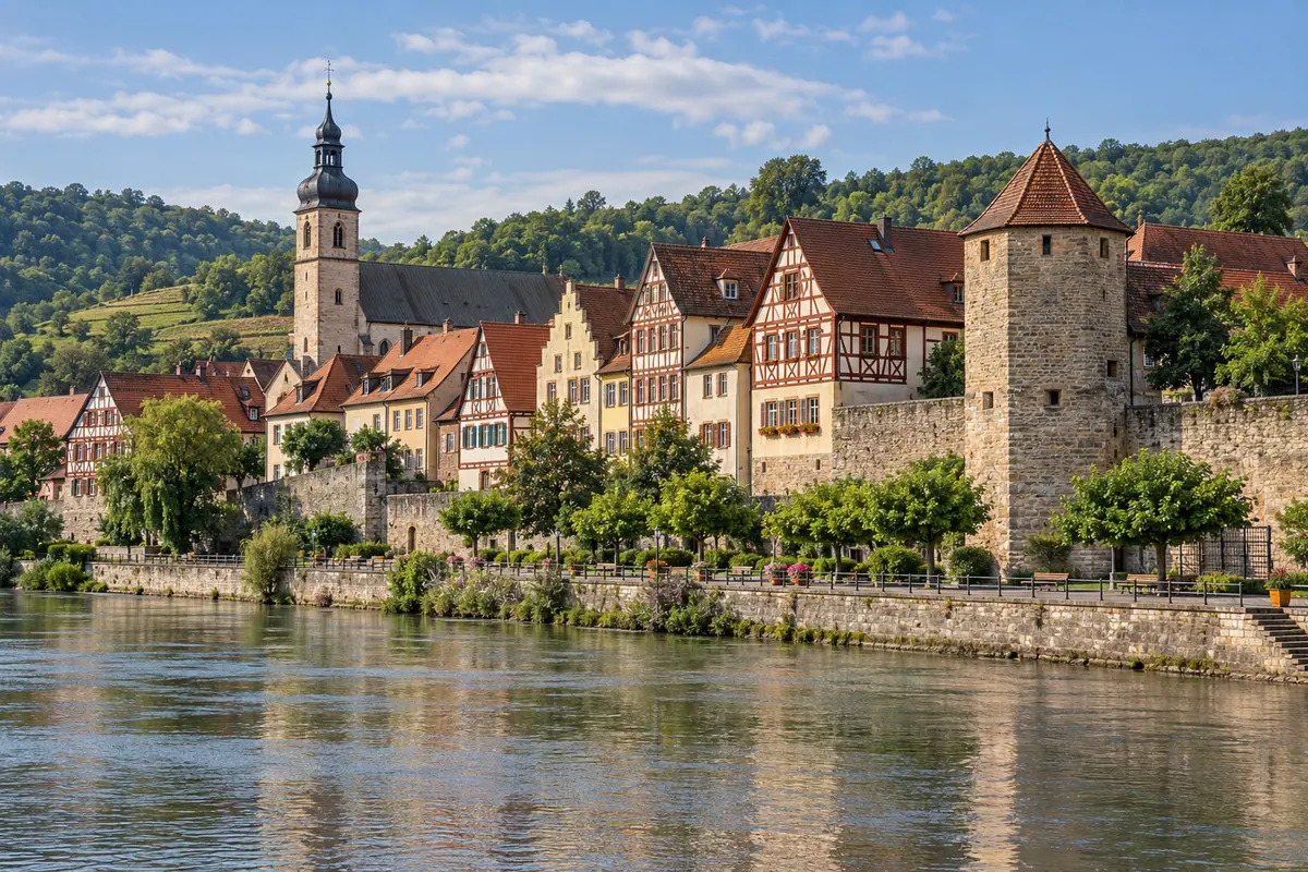 Altstadt und Mainufer in Karlstadt (Landkreis Main-Spessart).