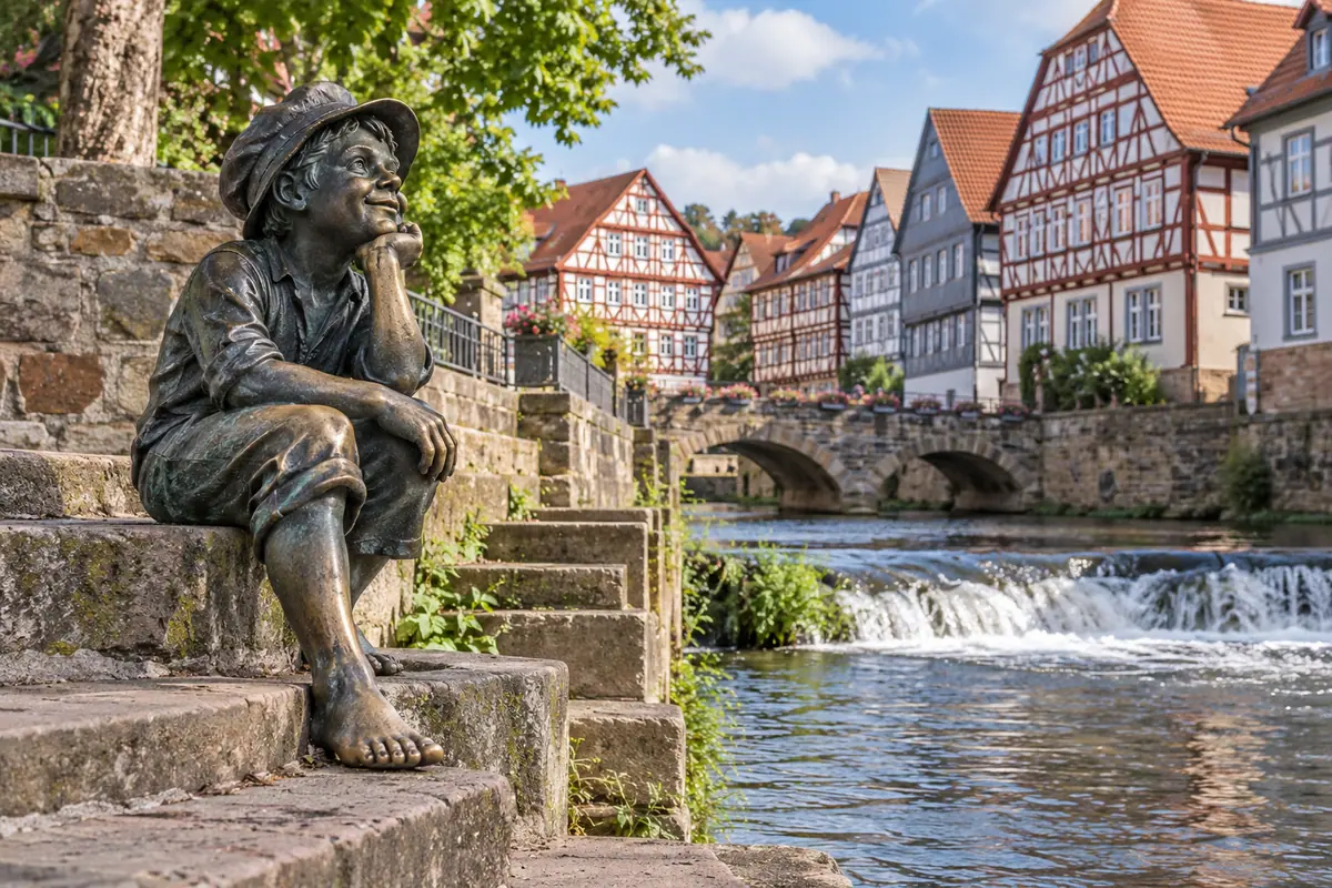 KI-Illustration: Lauterbacher Strolch an der Lauter in Lauterbach (Vogelsbergkreis).