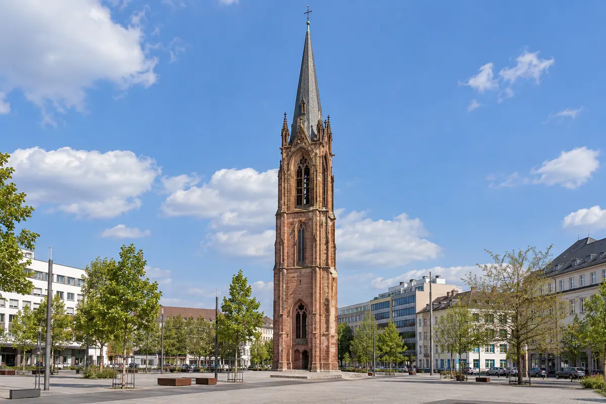 KI-Illustration: Erhaltener Lutherkirchturm in Ludwigshafen am Rhein.