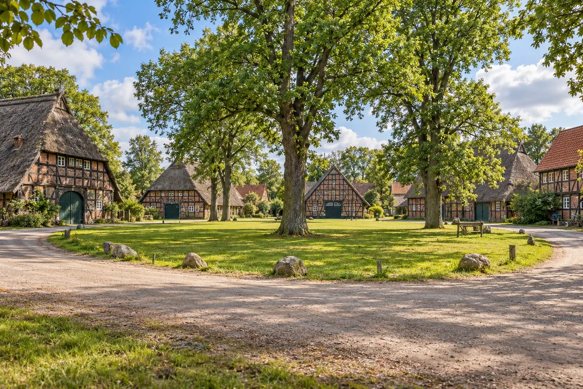 KI-Illustration: Rundlingsdorf Lübeln im Wendland (Landkreis Lüchow-Dannenberg).