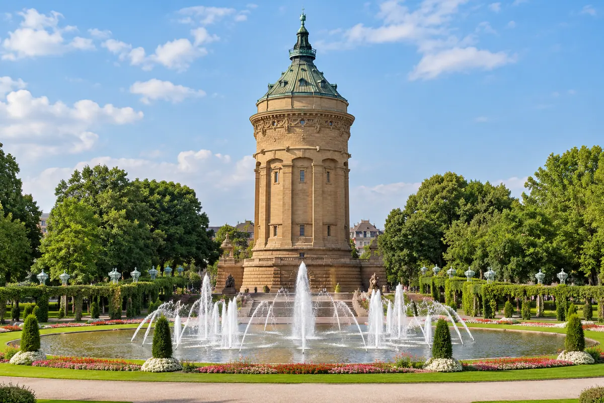 KI-Illustration: Wasserturm am Friedrichsplatz in Mannheim.
