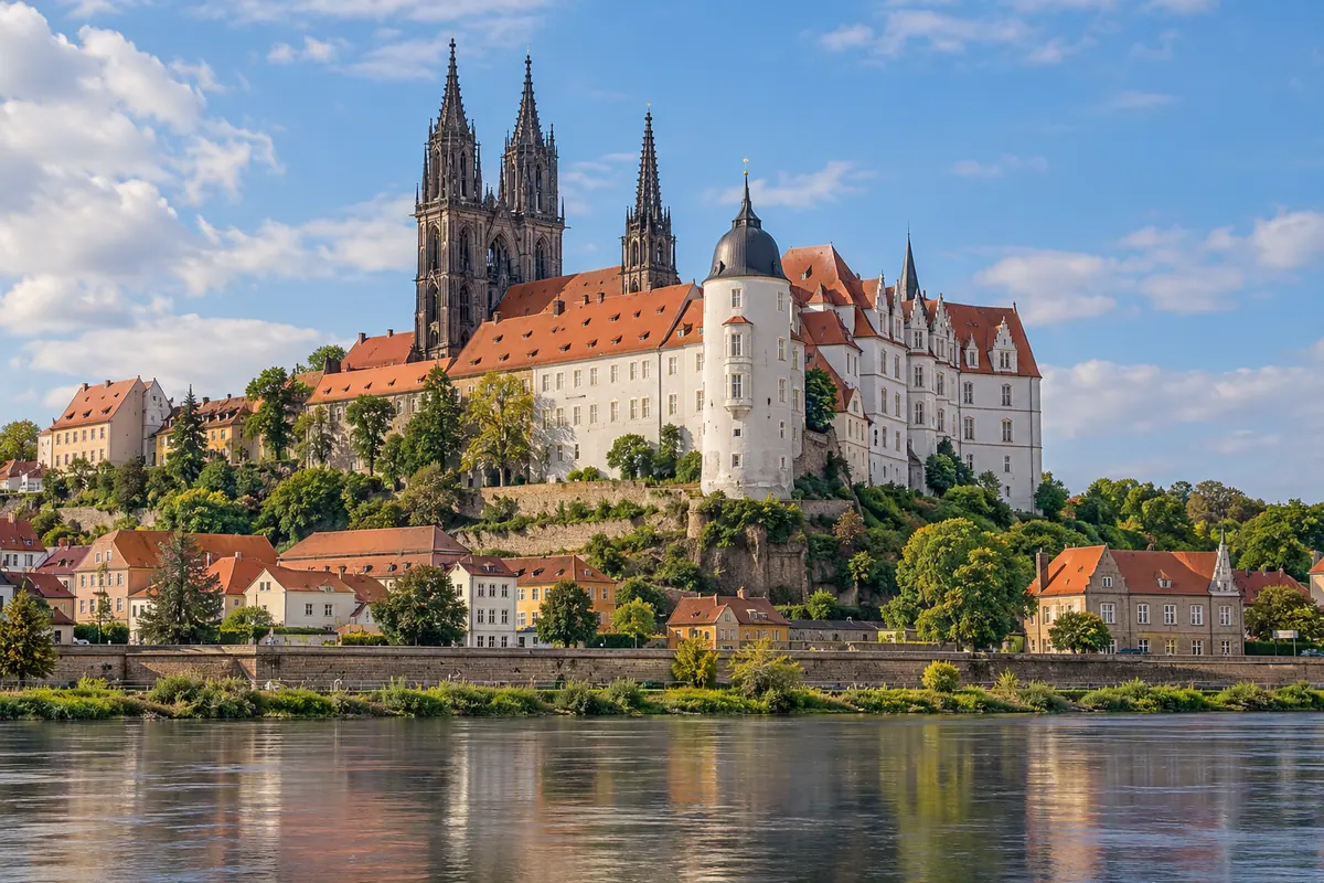 KI-Illustration: Albrechtsburg und Dom in Meißen (Landkreis Meißen).