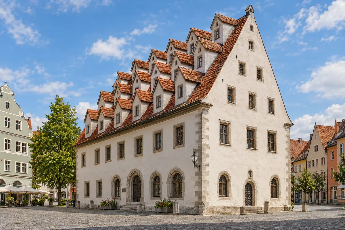 KI-Illustration: Siebendächerhaus in Memmingen.