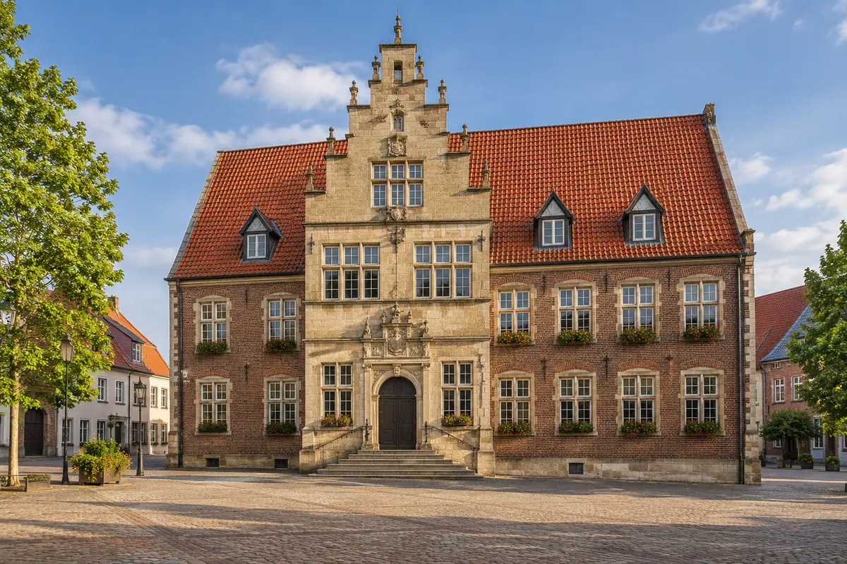 KI-Illustration: Historisches Rathaus in Meppen (Landkreis Emsland).