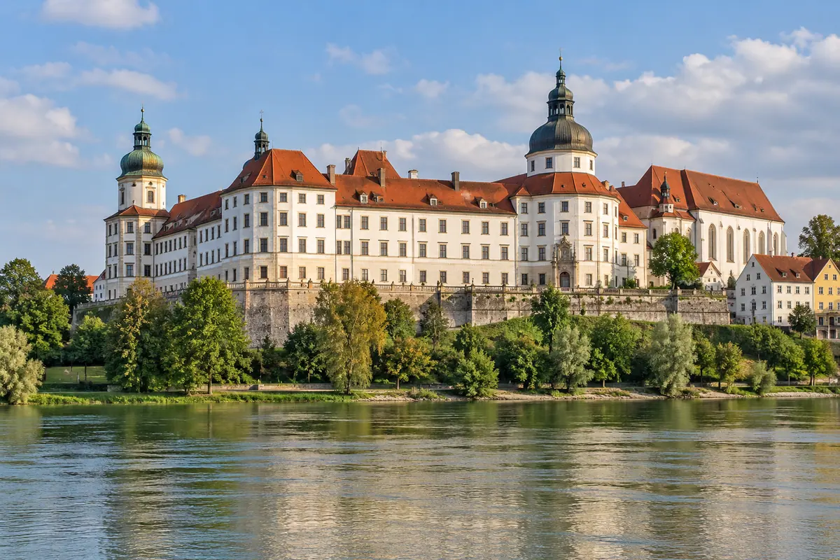 KI-Illustration: Schloss Neuburg an der Donau (Landkreis Neuburg-Schrobenhausen).