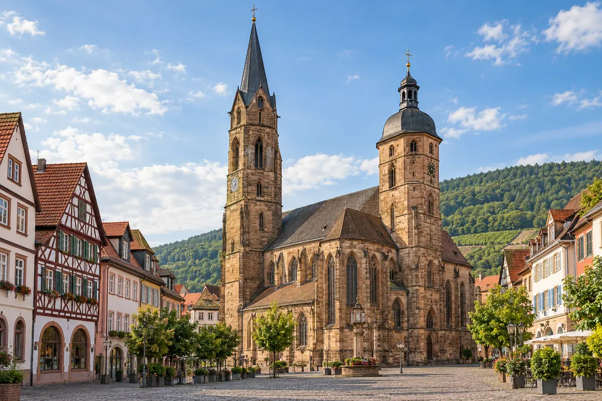 KI-Illustration: Stiftskirche am Marktplatz in Neustadt an der Weinstraße.