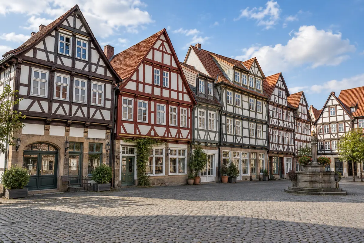 KI-Illustration: Fachwerk am Marktplatz in Northeim (Landkreis Northeim).