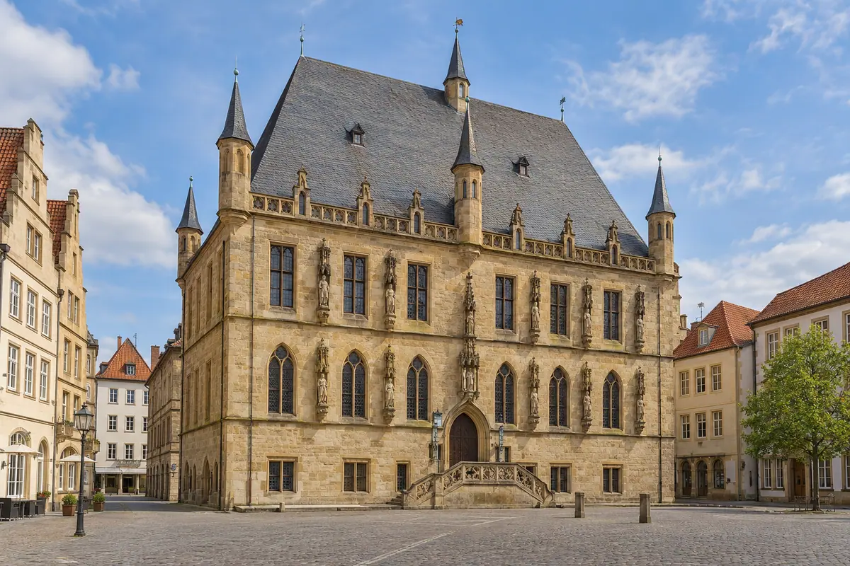 KI-Illustration: Rathaus des Westfälischen Friedens in Osnabrück.
