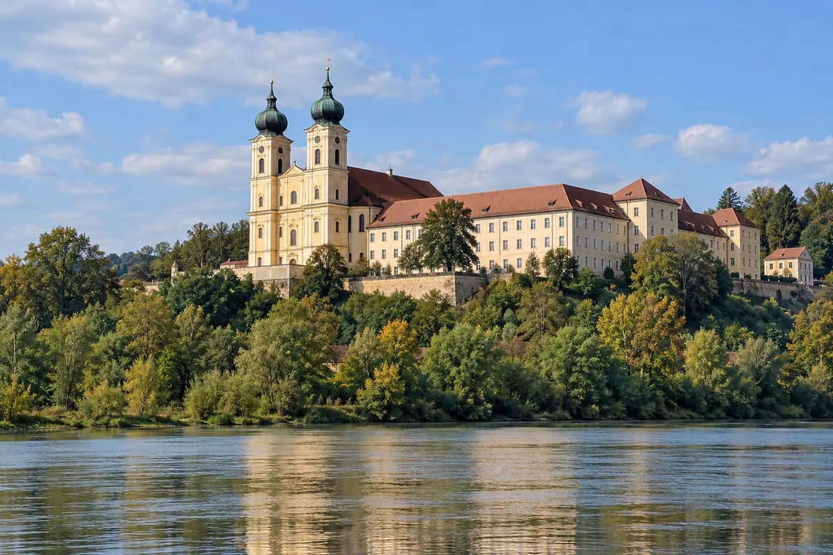 KI-Illustration: Abtei Schweiklberg in Vilshofen an der Donau (Landkreis Passau).