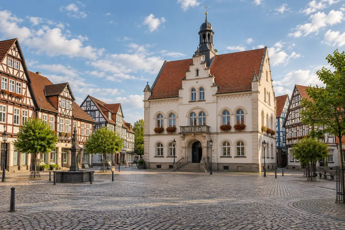 KI-Illustration: Historischer Marktplatz in Peine (Landkreis Peine).