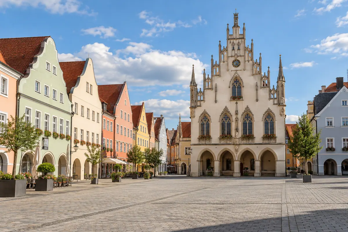 KI-Illustration: Hauptplatz in Pfaffenhofen an der Ilm (Landkreis Pfaffenhofen an der Ilm).