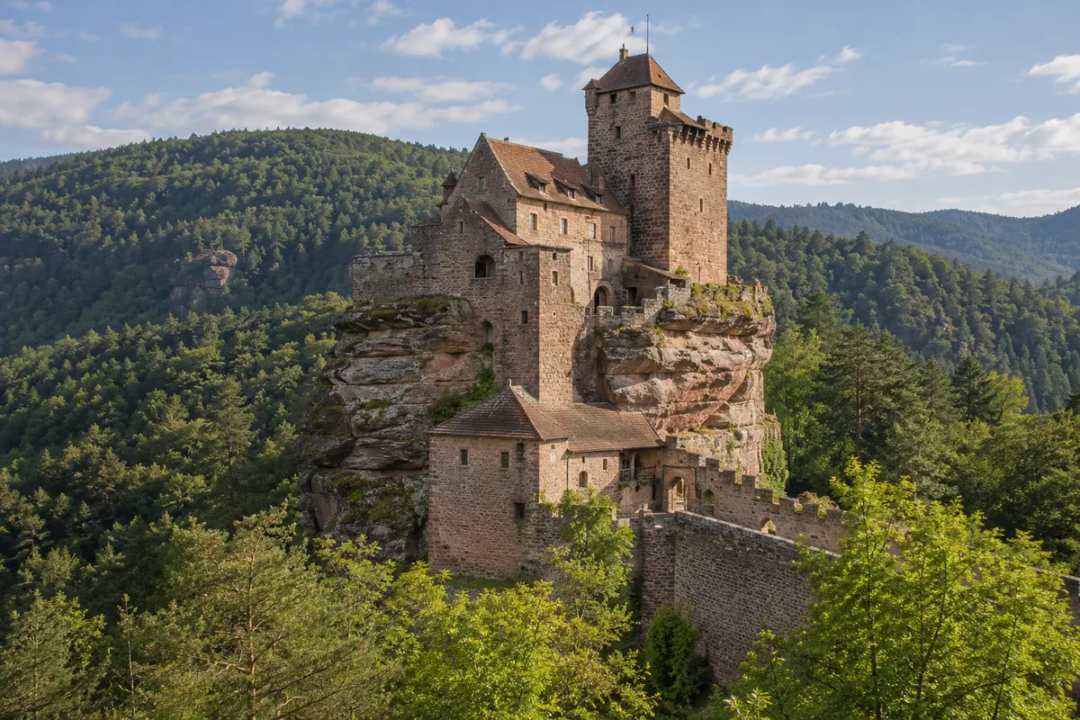 KI-Illustration: Burg Berwartstein in Erlenbach bei Dahn (Südwestpfalz) (Landkreis Südwestpfalz).