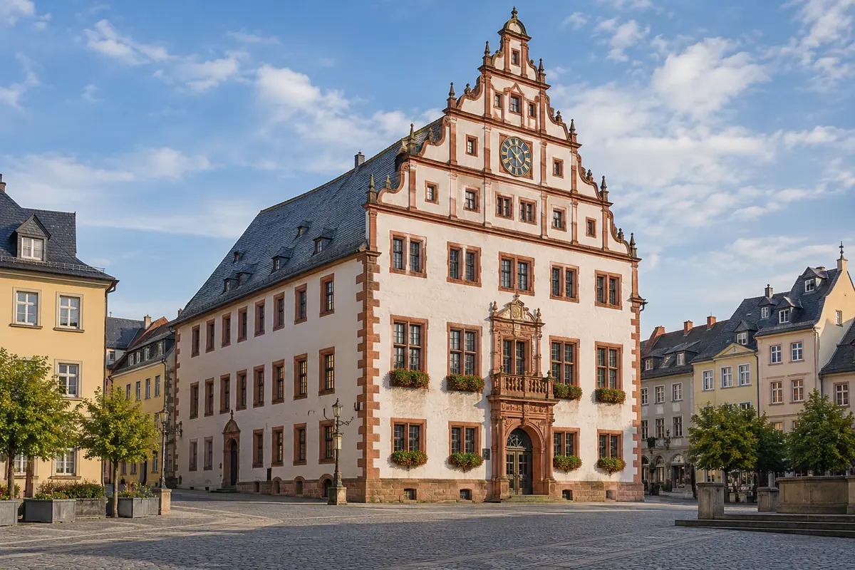 KI-Illustration: Altes Rathaus in Plauen (Vogtlandkreis).