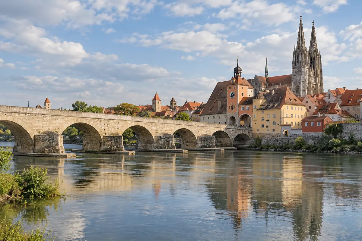 KI-Illustration: Steinerne Brücke in Regensburg.