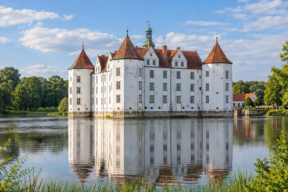 KI-Illustration: Schloss Glücksburg im Kreis Schleswig-Flensburg.