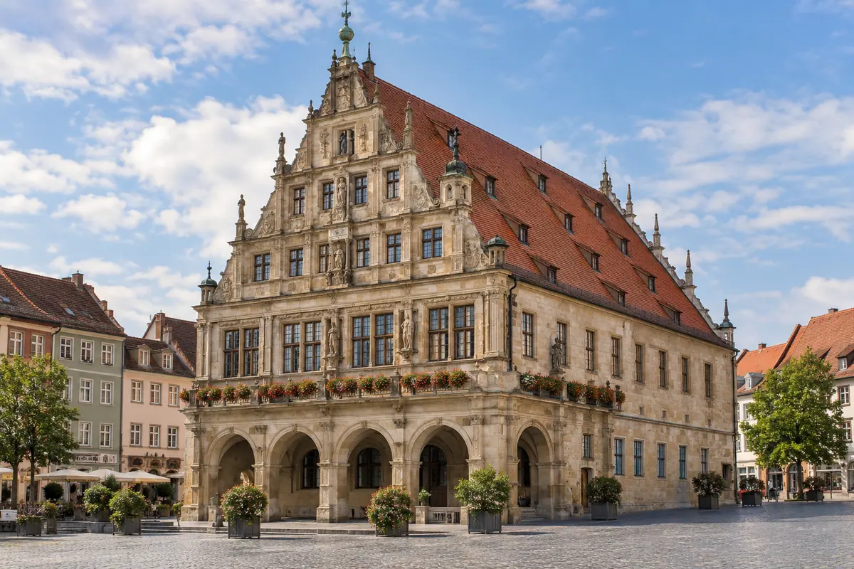 KI-Illustration: Rathaus am Markt in Schweinfurt.