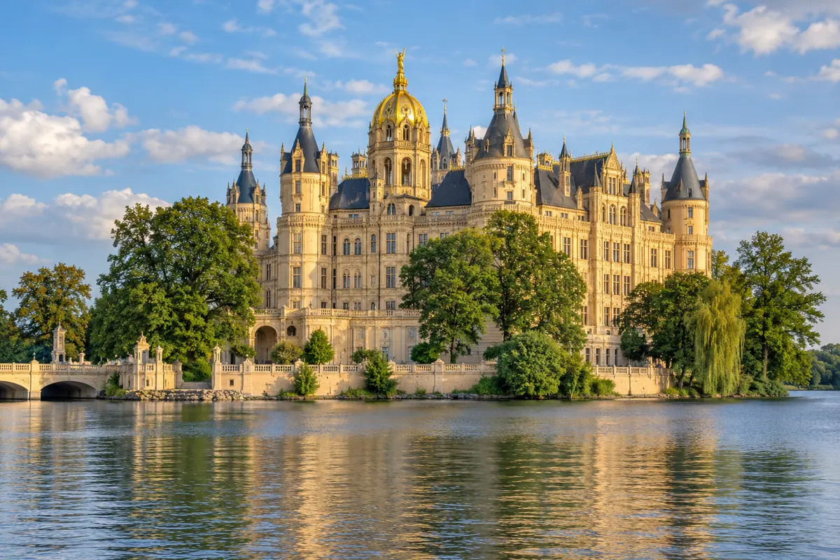 KI-Illustration: Schweriner Schloss am Schweriner See.
