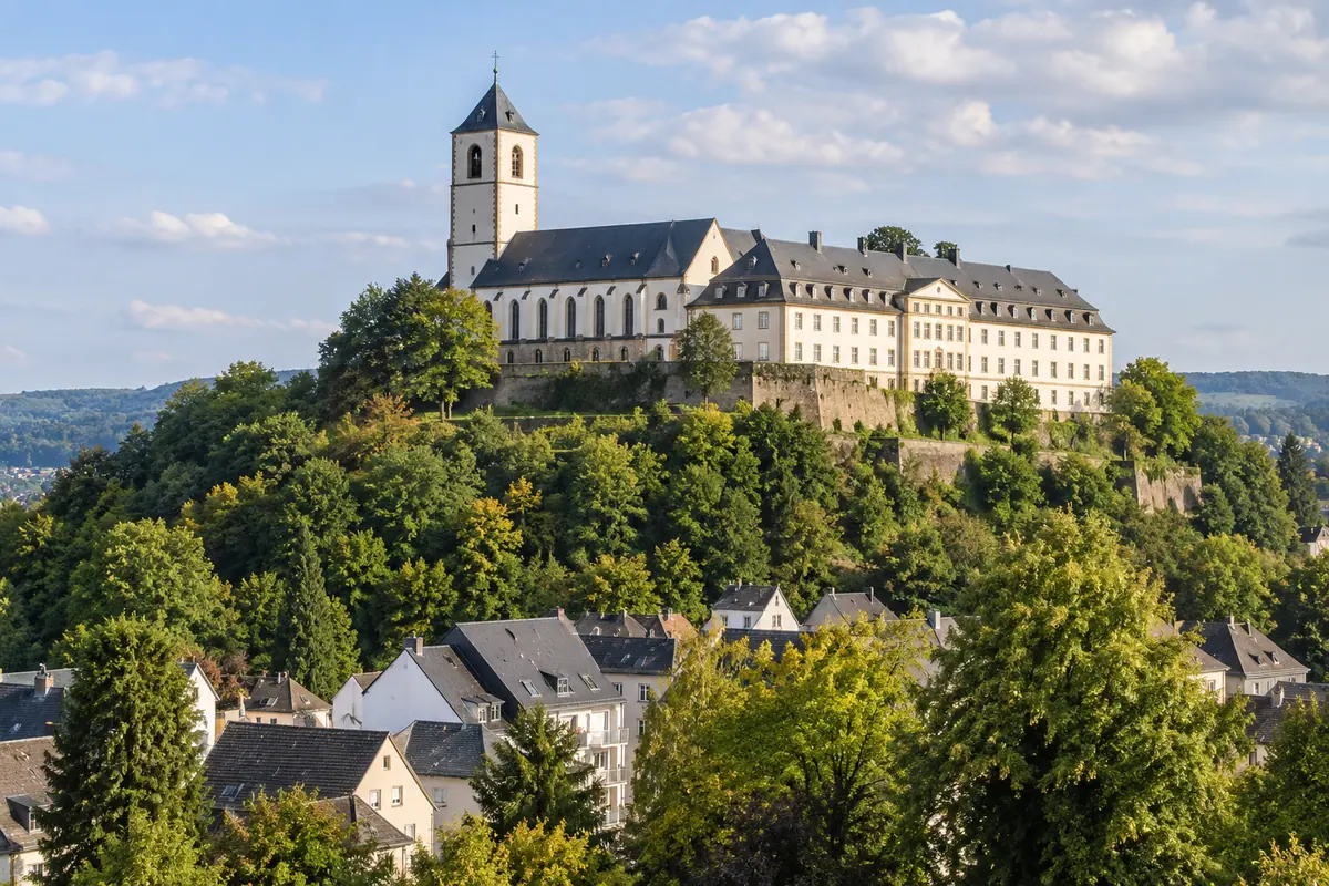 KI-Illustration: Michaelsberg und Abtei in Siegburg (Rhein-Sieg-Kreis).