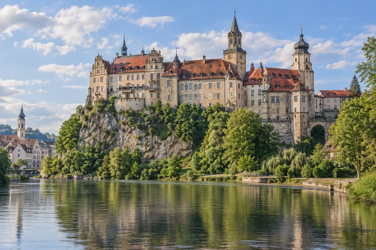 KI-Illustration: Schloss Sigmaringen über der Donau (Landkreis Sigmaringen).