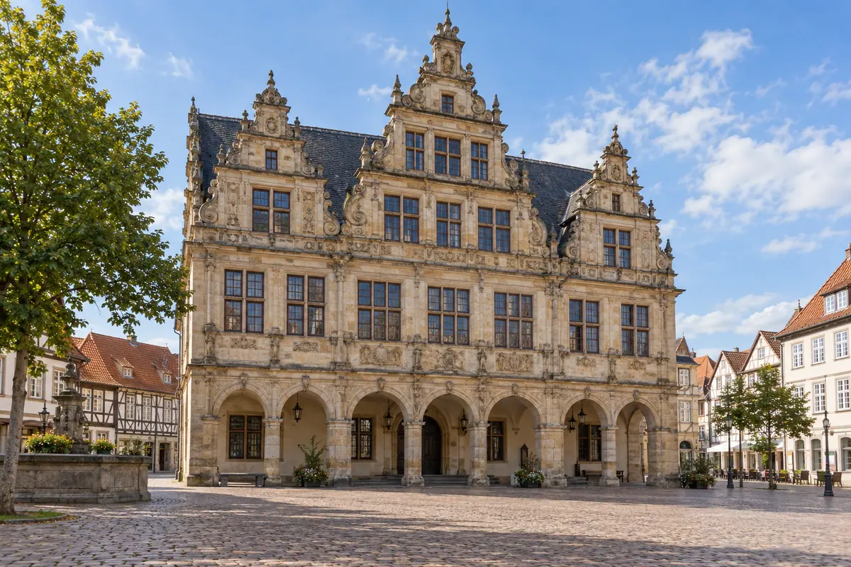 KI-Illustration: Rathaus am Marktplatz in Stadthagen (Landkreis Schaumburg).