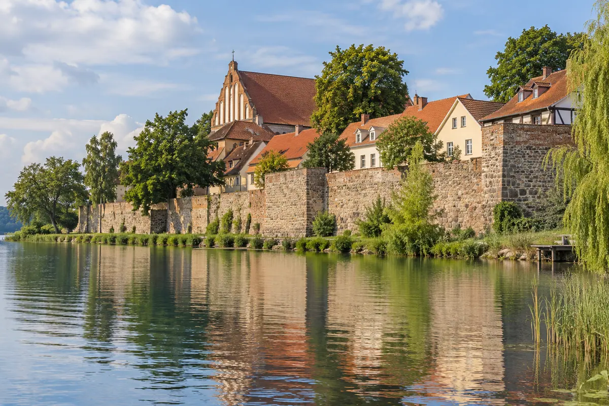 KI-Illustration: Stadtmauer am Straussee in Strausberg (Landkreis Märkisch-Oderland).