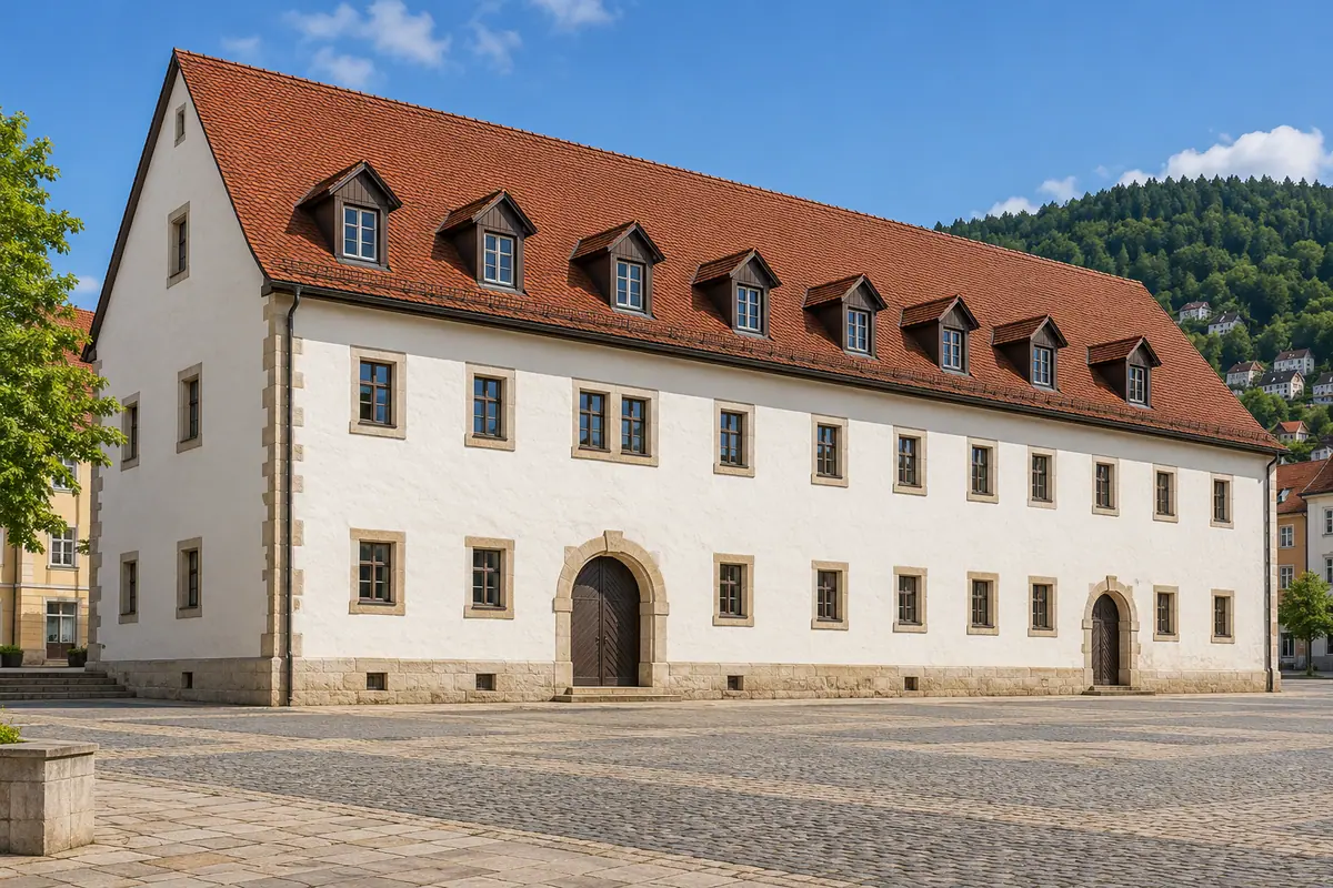 KI-Illustration: Historisches Malzhaus mit Waffenmuseum in Suhl.