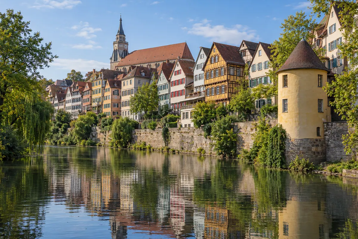 Neckarfront mit Hölderlinturm in Tübingen (Landkreis Tübingen).