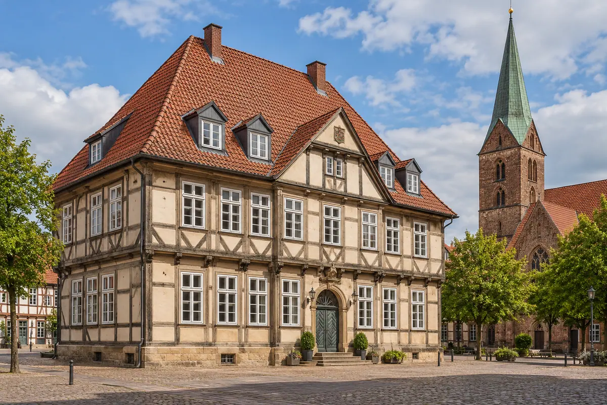 KI-Illustration: Altes Rathaus in Uelzen (Landkreis Uelzen).