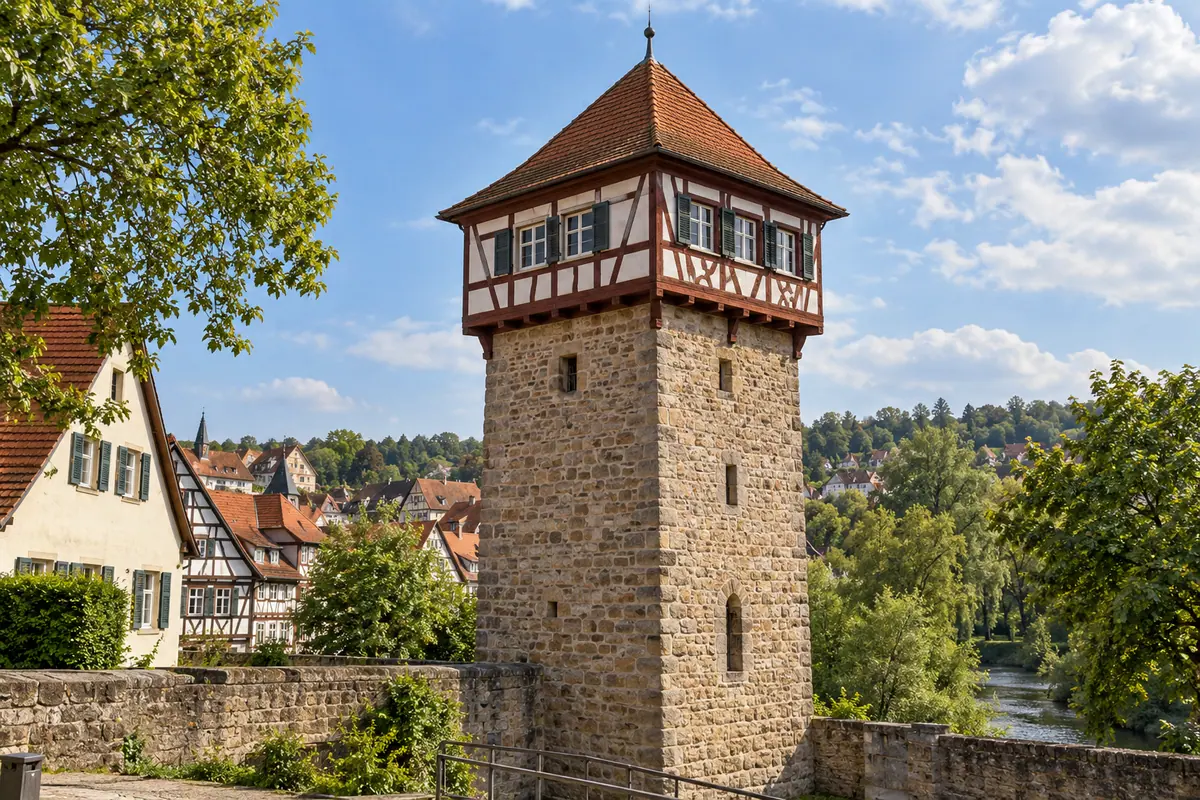 KI-Illustration: Hochwachtturm in Waiblingen (Rems-Murr-Kreis).