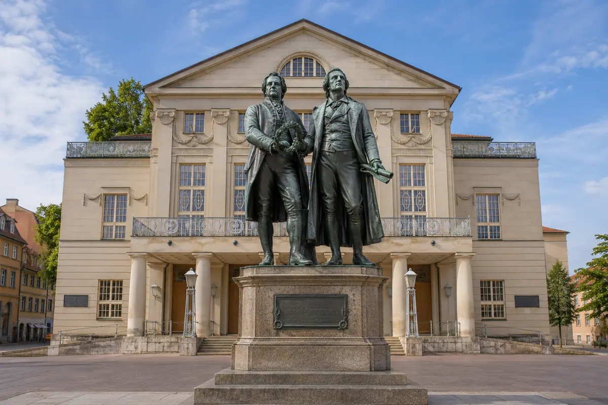 KI-Illustration: Goethe- und Schiller-Denkmal am Theaterplatz in Weimar.